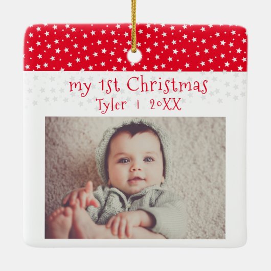 Cute Baby's 1'st Kerstrode sterren Foto Baby Keramisch Ornament (Achterkant)