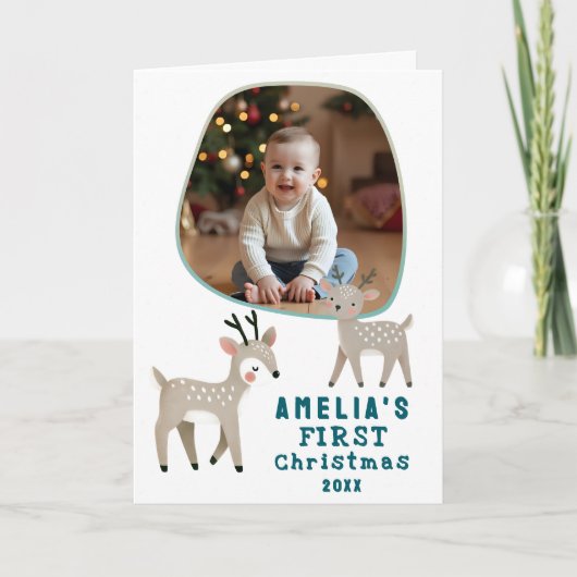 Cute Baby's Eerste Kerst Foto Rendier Feestdag Kaart (Voorkant)