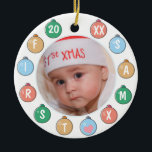 Cute Baby's eerste kerstfoto Keramisch Ornament<br><div class="desc">De eerste kerstversiering van je baby is gepersonaliseerd met foto omringd door pastelkleurige bubbels en het jaar aan de voorkant met de naam aan de achterkant.</div>