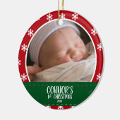 Cute Babys eerste kerstfoto Red Snowflake Keramisch Ornament (Links)