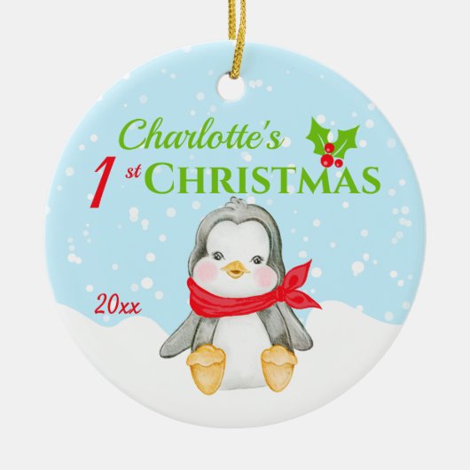 Cute Baby's eerste kerstpinguïn Foto Keramisch Ornament (Voorkant)