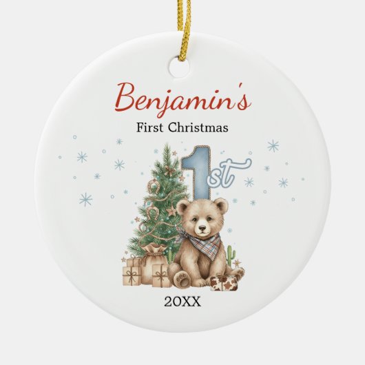 Cute baby's first Christmas tree blue teddy bear Keramisch Ornament (Voorkant)