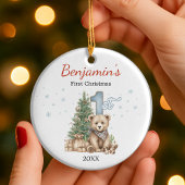Cute baby's first Christmas tree blue teddy bear Keramisch Ornament