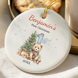 Cute baby's first Christmas tree blue teddy bear Keramisch Ornament