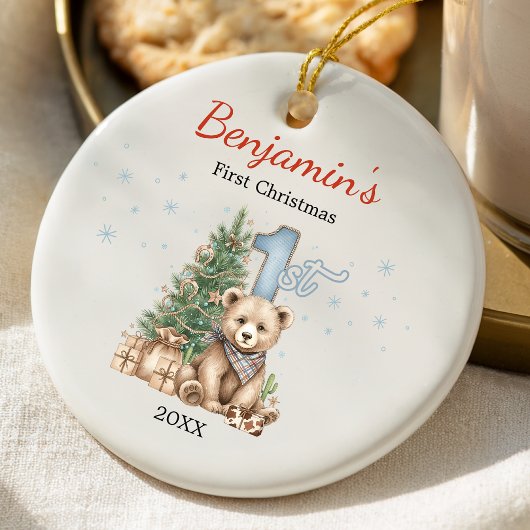 Cute baby's first Christmas tree blue teddy bear Keramisch Ornament