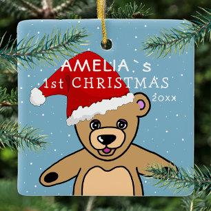 Cute Baby's First KerstTeddy Bear Santa Hat C Keramisch Ornament
