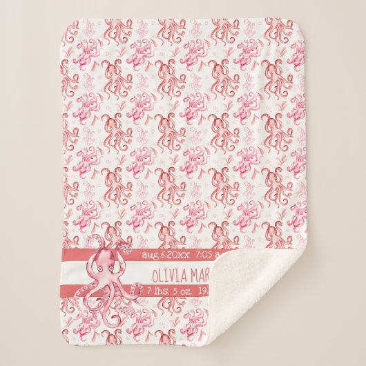 Cute Baby's Name Coral and Pink Waterverf Octopus Sherpa Deken (Voorkant)