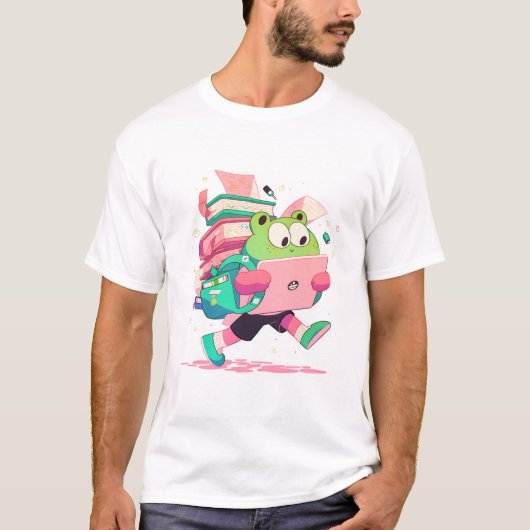 Cute Back to School Frog with Books and Backpack T-shirt (Voorkant)