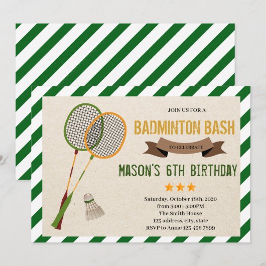 Cute badminton party Invitation Kaart (Voorkant / Achterkant)