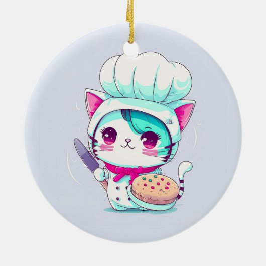Cute Baker Pastry Chef Cat met Cake en Knife | Keramisch Ornament (Achterkant)