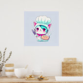 Cute Baker Pastry Chef Cat met Cake en Knife | Poster (Keuken)