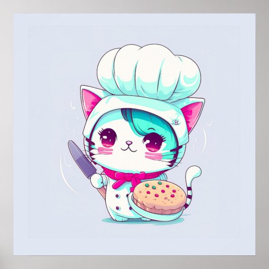 Cute Baker Pastry Chef Cat met Cake en Knife | Poster (Voorkant)