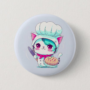 Cute Baker Pastry Chef Cat met Cake en Knife   Ronde Button 5,7 Cm