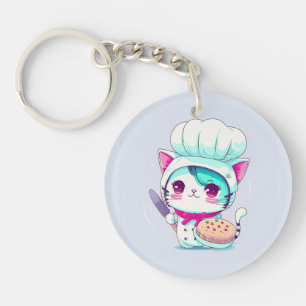 Cute Baker Pastry Chef Cat met Cake en Knife   Sleutelhanger