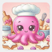 Cute baking octopus square sticker (Voorkant)