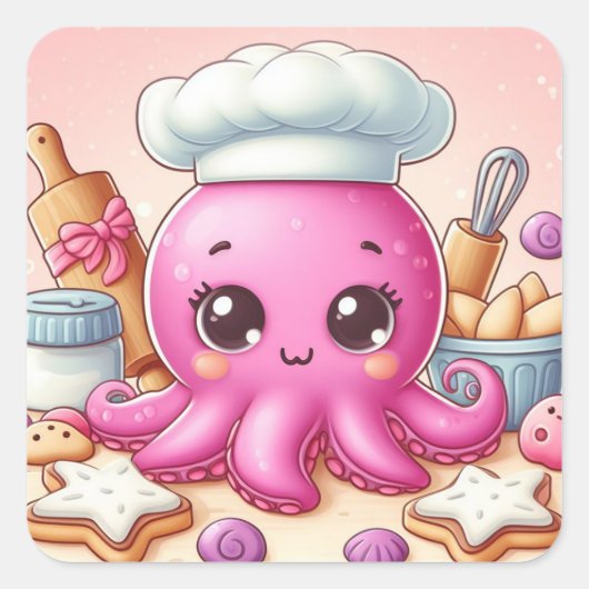 Cute baking octopus square sticker (Voorkant)