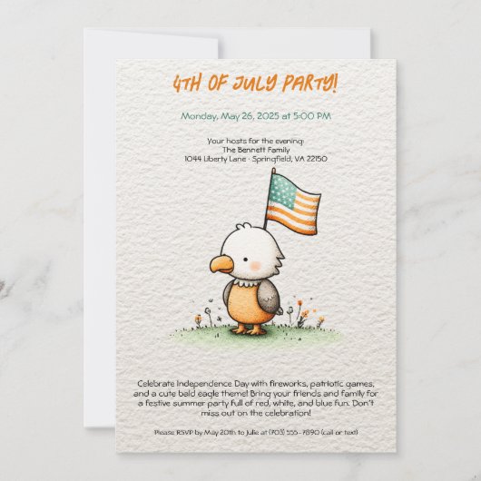 Cute Bald Eagle 4th of July Party Invitation Kaart (Voorkant)