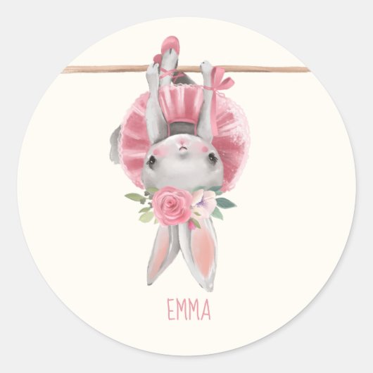 Cute Ballerina Bunny | Gepersonaliseerd Ronde Sticker (Voorkant)