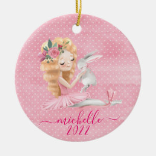 Cute Ballerina Bunny Persoonlijke naam Waterverf Keramisch Ornament