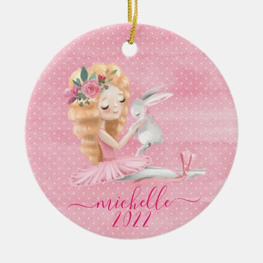 Cute Ballerina Bunny Persoonlijke naam Waterverf Keramisch Ornament (Voorkant)