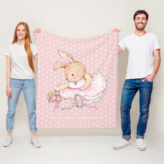 Cute Ballerina Bunny Rabbit Pink White Polka Dots Fleece Deken (In situ)