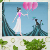 Cute Ballerina & Cat Night Sky Blue Tea Towel Theedoek (Gevouwen)