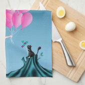 Cute Ballerina & Cat Night Sky Blue Tea Towel Theedoek (Quarter Fold)