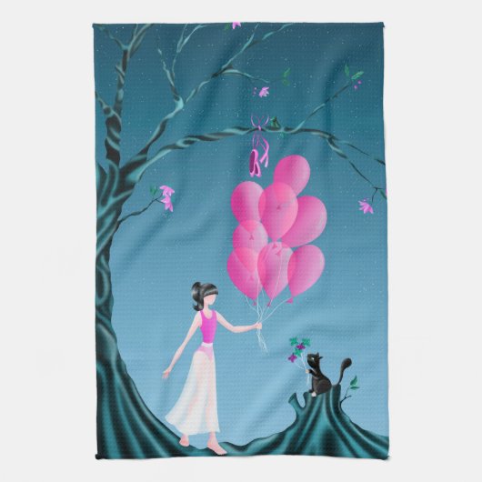 Cute Ballerina & Cat Night Sky Blue Tea Towel Theedoek (Verticaal)