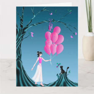 Cute Ballerina & Cat Night Sky Greetings Kaart