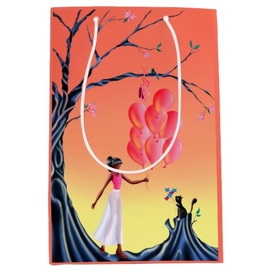 Cute Ballerina & Cat Night Sky Medium Cadeauzakje (Voorkant)