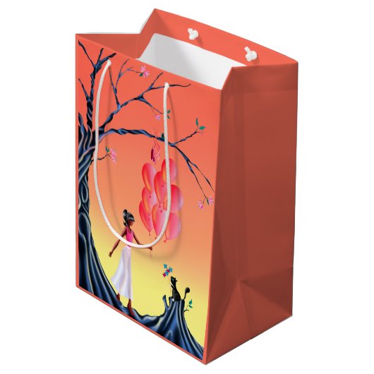 Cute Ballerina & Cat Night Sky Medium Cadeauzakje (Achterkant Gekanteld)