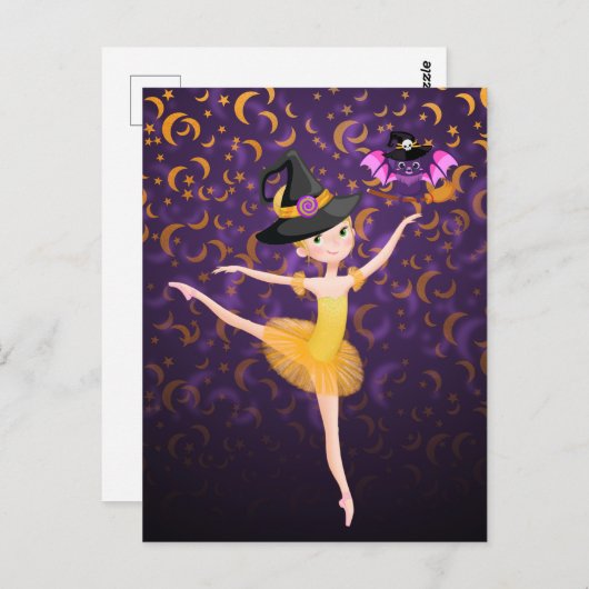 Cute Ballerina Halloween Bat en Moons Ballet Briefkaart (Voorkant / Achterkant)