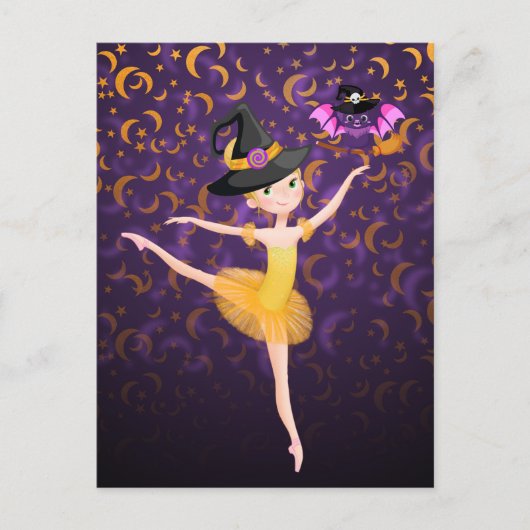 Cute Ballerina Halloween Bat en Moons Ballet Briefkaart (Voorkant)
