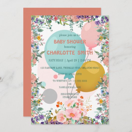  Cute Ballon waterverf flora baby shower Kaart (Voorkant / Achterkant)