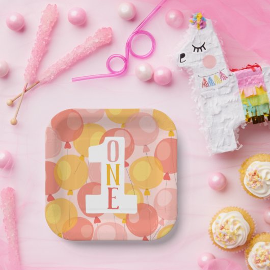 Cute Balloon First Birthday Paper Borden Papieren Bordje (Feest)