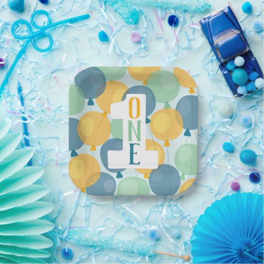 Cute Balloon First Birthday Paper Borden Papieren Bordje (Feest)