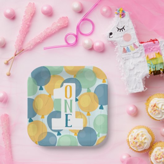 Cute Balloon First Birthday Paper Borden Papieren Bordje (Feest)