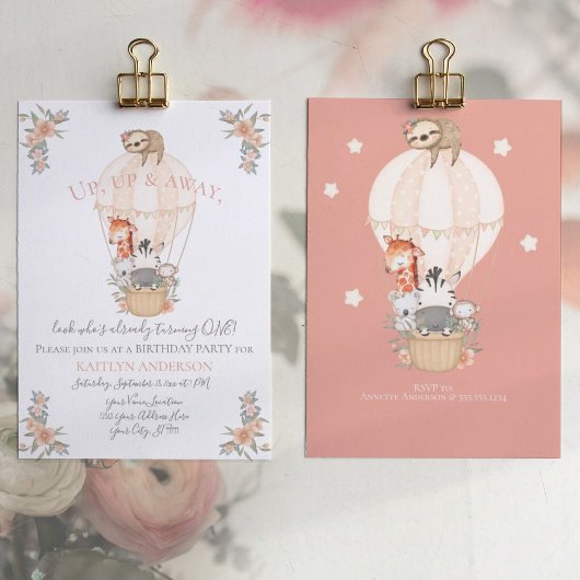 Cute Balloon Giraffe Sloth 1e verjaardag Girl Kaart