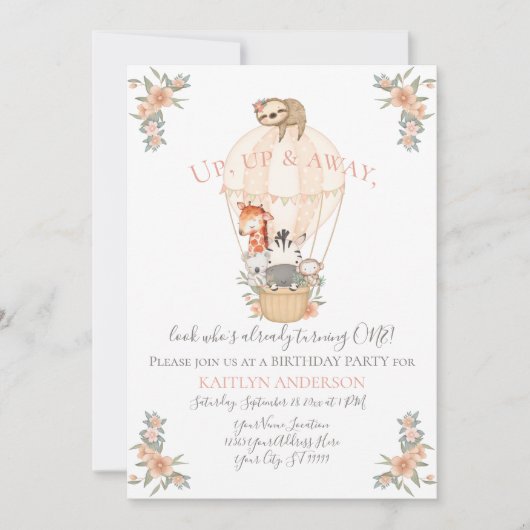 Cute Balloon Giraffe Sloth 1e verjaardag Girl Kaart (Voorkant)