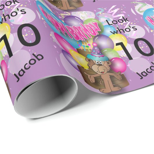 Cute Balloon Monkey Paarse kinderen Birthday Cadeaupapier (Rol Hoek)