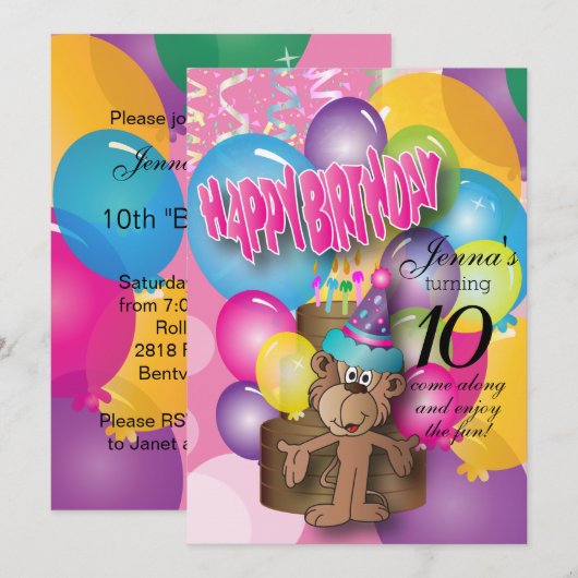 Cute Balloon Monkey Pink Birthday Kaart (Voorkant / Achterkant)