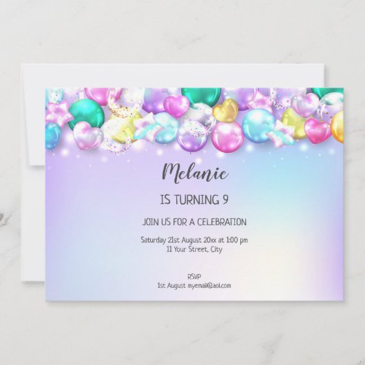 Cute Baloons Birthday Party Girl Uitnodiging (Voorkant)