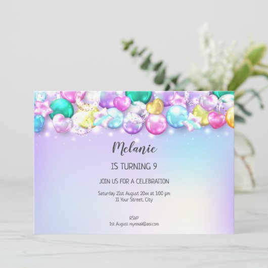 Cute Baloons Birthday Party Girl Uitnodiging (Staand voorkant)