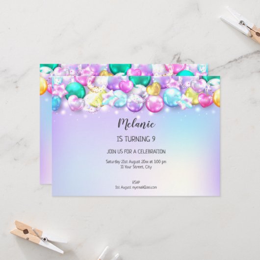 Cute Baloons Birthday Party Girl Uitnodiging (Voorkant / Achterkant in situ)