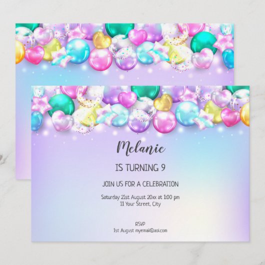 Cute Baloons Birthday Party Girl Uitnodiging (Voorkant / Achterkant)