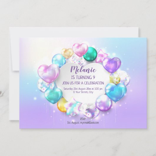 Cute Baloons Birthday Party Girl Uitnodiging (Voorkant)