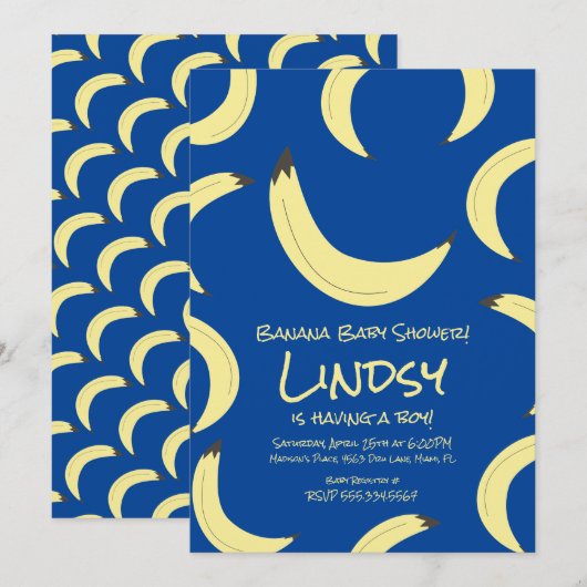 Cute Banana Blue Boy Baby shower Invitation Kaart (Voorkant / Achterkant)