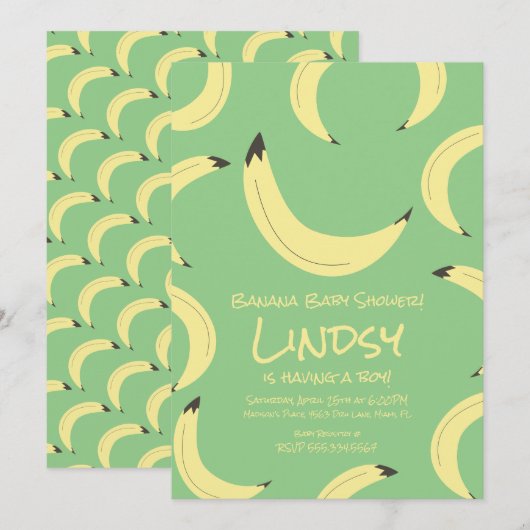 Cute Banana Green Boy Baby shower Invitation Kaart (Voorkant / Achterkant)