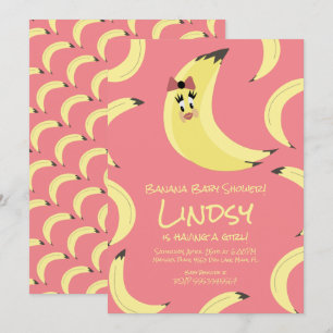 Cute Banana Pink Girls Baby shower Invitation Kaart