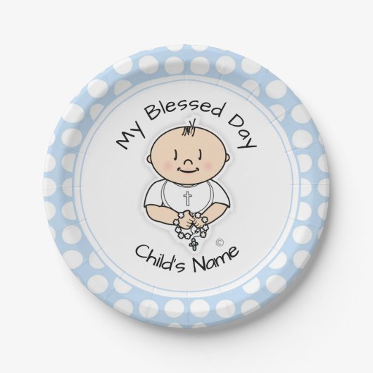 Cute Baptism 7-inch Bord - Baby Boy met Rosary (Voorkant)